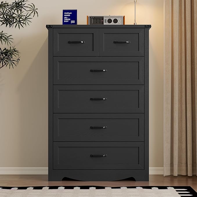 Tall 6-Drawer Dresser for Bedroom, Modern Wooden Chest of Drawers with Metal Handles, Anti-Tipping Design, Sturdy and Stable Storage Organizer for Living Room, Entryway, Home Office, Standard