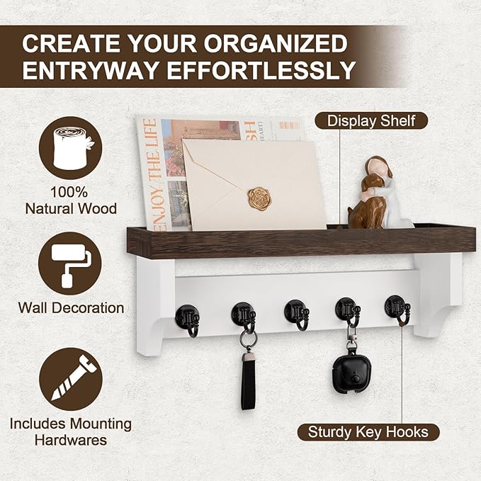 Lucundm Key and Mail Holder Wall Mount, Key Holder with Shelf and Mail Organizer Wall Mount. Mail Holder with 5 Hooks for Coat, Dog Leash, Home Decor Rack, Entry Way Organizer (Brown & White)