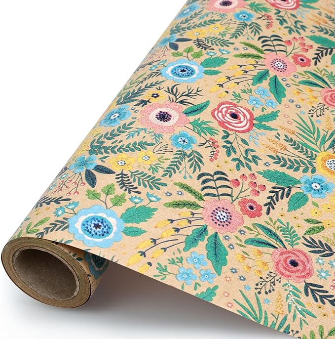 VCOOHM Floral Kraft Wrapping Paper Roll – 17 Inch x 16.4 Feet – Elegant Garden Flower Design – Gift Wrap for Birthday, Wedding, Baby Shower, Bridal Shower and More