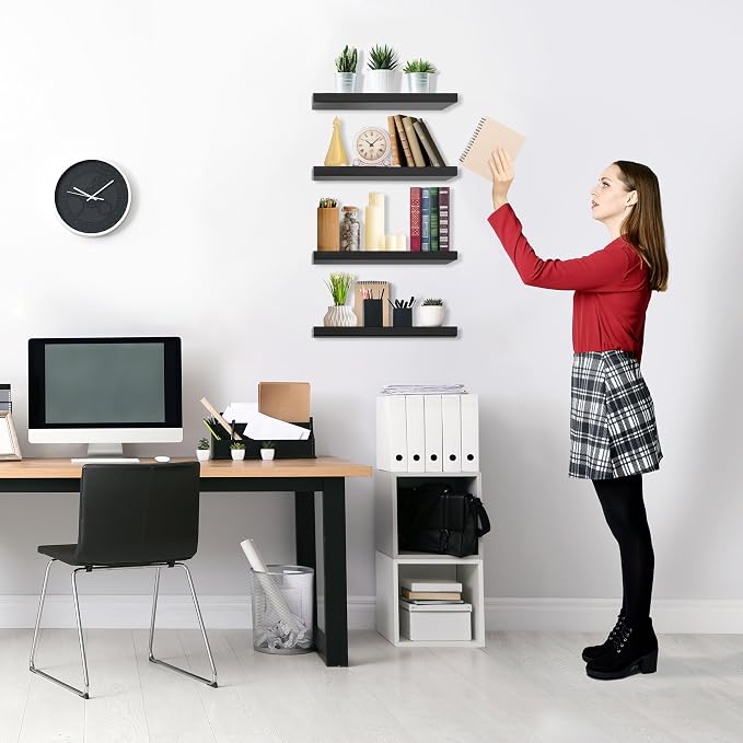 Sorbus Floating Shelves for Wall – 16 Inch Floating Shelf for Kitchen, Bedroom, Living Room, Bathroom, Home & Wall Decor - Mounted Bathroom Shelves with Invisible Brackets (Black, 4 Pack)