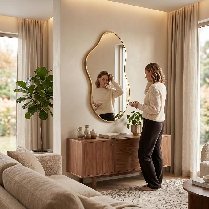 Irregular Asymmetrical Wall Mirror 26x48 Inches - Decorative Tempered Glass with Modern Aluminum Alloy Frame, Gold Abstract Cloud Mirror for Bathroom, Bedroom, Living Room, Entryway, Cloakroom