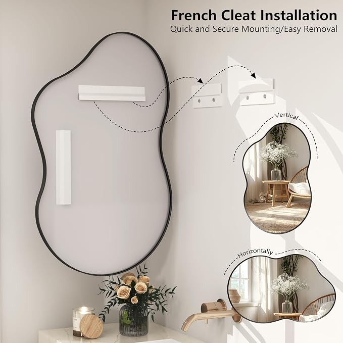 48x27 Black Irregular Wall Mirror, Black Matte Asymmetrical Bathroom Mirror, Decorative Aluminum Frame for Bathroom Bedroom Entryway, Shatterproof, Anti-Rust (Horizontally/Vertically)