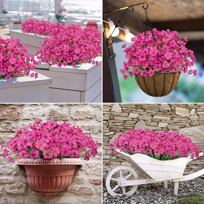 Ouddy Decor 24 Bundles Artificial Flowers for Decorations Fake Silk Plants for Outdoors UV Resistant Faux Plastic Greenery Stems for Garden Porch Window Box Home Spring Decor, Rose Red