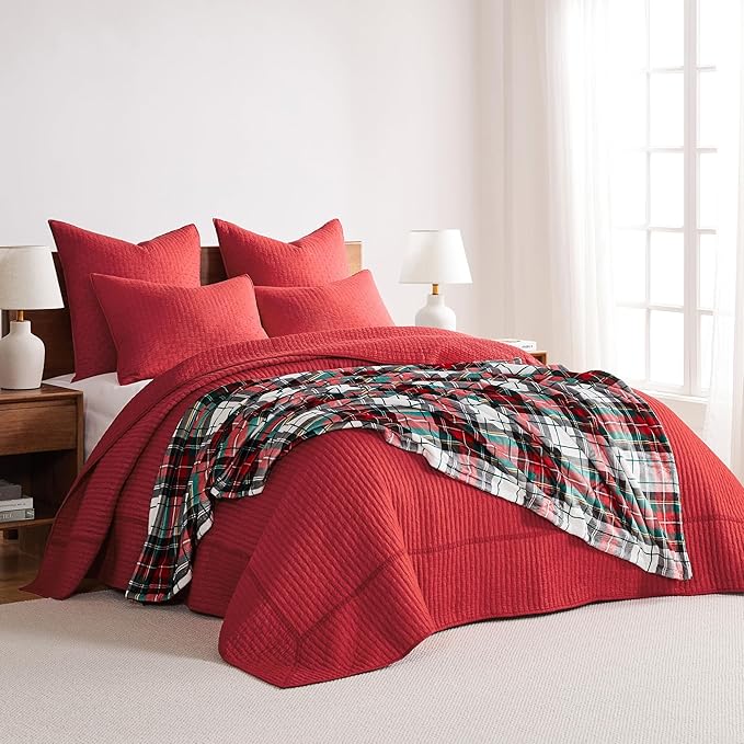 Levtex Home Cross Stitch Reversible Twin Bedspread Set (84x104in) with 1 Pillow Sham (26x20in) - Stitch Texture - Chile Red - Cotton Twin Size Bedspread Set - Lightweight, Soft, Pre-Washed