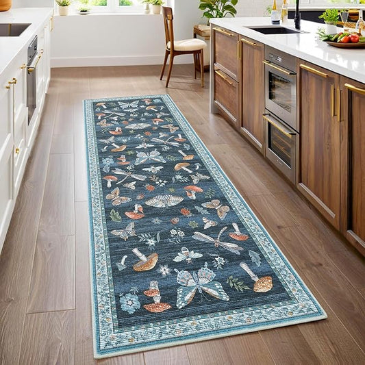 Washable 2x6 Vintage Runners for Hallway Entryway Retro Distressed Kitchen Carpet Runner Low Pile Soft Bedside Boho Carpet Non Slip Bath Rug Non Shed Thin Floral Accent Carpets, Blue