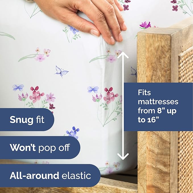 Floral Sheets - Butterfly Floral Bed Sheet Set - 1 Flat, 1 Fitted & 2 Pillowcases w/ Deep Pockets - Comfy, Wrinkle & Fade Free - Boho Botanical Bedding - Soft, Breathable and Cooling - Full Size Set