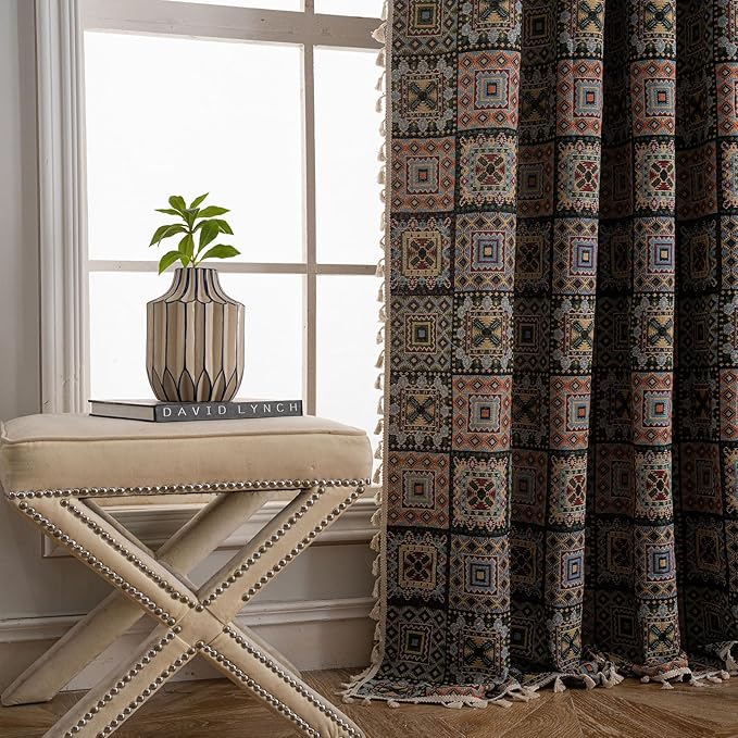 ENJOYBRIDAL Patchwork 84 Inch Curtains for Bedroom Living Room Drapes Jacquard Bohemian Semi Sheer Floor Length Window Curtains 2 Panel Sets Vintage Geometric Black Rod Pocket Boho Window Treatments