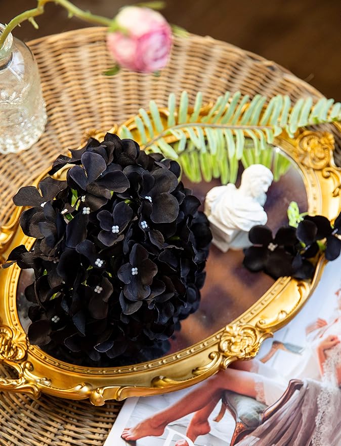 DuHouse 8.7" Artificial Hydrangea Silk Flower Heads with Stem Fake Black Hydrangeas Flowers for DIY Wedding Centerpiece Home Decor Pack of 6 (Black)