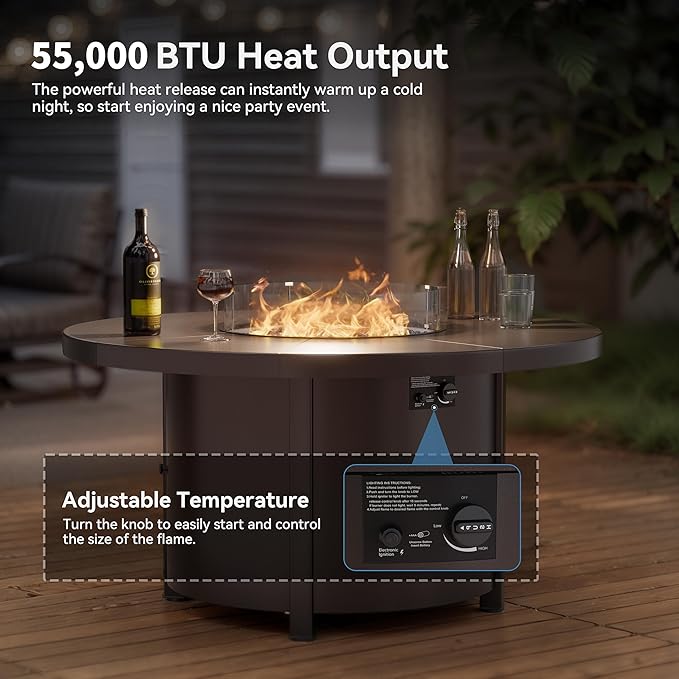 Kullavik 48" Round Propane Fire Pit Table,55000 BTU Auto-Ignitiongas Gas Fire Table with Fire Glass and Lid,Waterproof Cover and Blue Glass Stone for Patio,Balcony,Garden