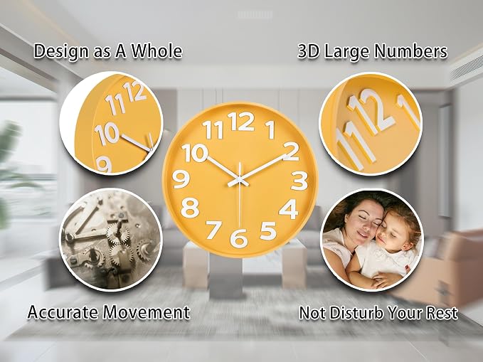 45MinST 12-Inch Modern Yellow Indoor/Outdoor Wall Clock, Silent Non-Ticking, Large Numbers, Accurate Timekeeping, Perfect Decorative Accent for Home or Office (Yellow)