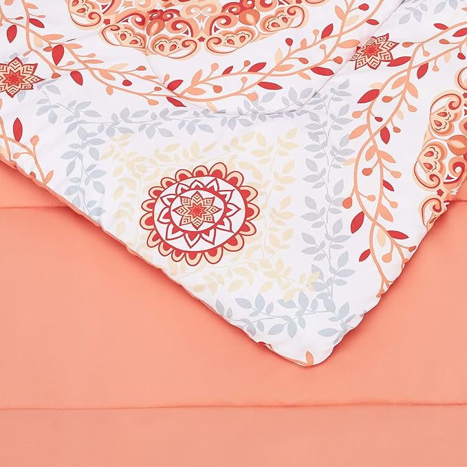 Amazon Basics Full/Queen Comforter Set with Sheets, 7-Piece Coral Medallion Bedding, Lightweight Microfiber Bed-in-a-Bag