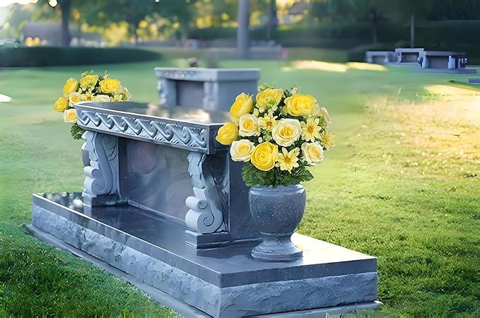 Hollyone Set of 2 Artificial Cemetery Flower for Graves Yellow Cemetery Memorial Flowers for Outdoor Grave Decorations Silk Flower Arrangements Rose Ranunculus Gerbera Floral Flowers Bouquets