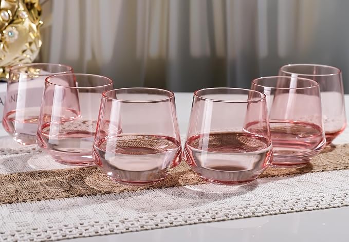 Pink Stemless Wine Glass Set of 6-14oz Wine Glasses, Stemless Drinking Glasses for Wine, Cocktails & Beverages - Elegant Glassware for Home, Bar & Holiday Use
