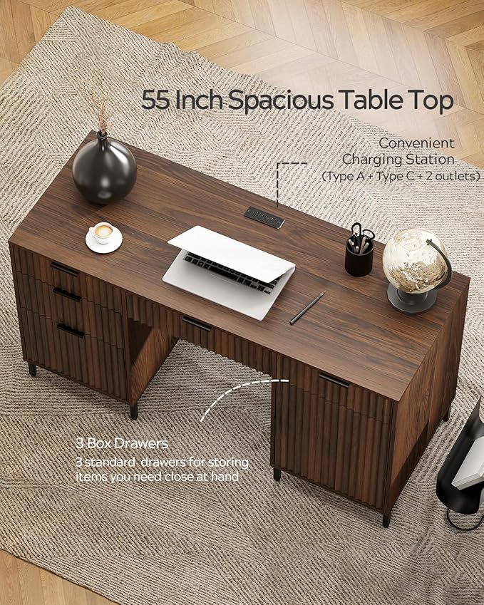 55" Fluted Executive Desk, Modern Home Office Desk with Charging Station, Keyboard Tray, File Drawer, Storage Cabinet, Wood Computer Writing Desk for Work Study Writing, Browm