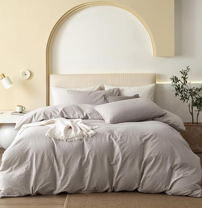 JIYUAN 100% Washed Cotton Duvet Cover Set 3 PCS Oversized King, 1 Duvet Cover 120"x98" (Comforter Not Included) and 2 Pillowcases,Linen Feel Bedding Set Comfy and Breathable, Heathered Cream Grey