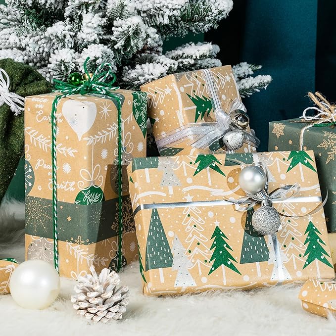 LeZakaa Christmas Kraft Wrapping Paper Roll, Brown Gift Wrap with Green & White Holiday Designs, Trees, Ornaments & Snowflakes Pattern for Christmas Presents, Arts Crafts, 17 x 120 inches, 3 Rolls