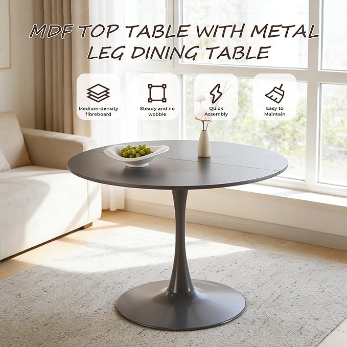 42" Tulip Table for 4-6 Persons Modern Round Dining Room Table, Mid-Century Modern Grey Small Kitchen Table with MDF Wooden Top, Leisure Coffee Table for Living Room, Dining Room, Office