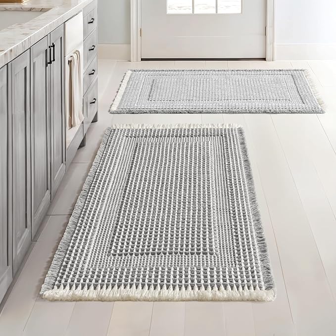 MIULEE Set of 2 Waffle Bathroom Rugs, Boho Bath Rug Super Absorbent, Non Slip Washable Ultra Soft Rubber Backed Shower Bath Mats for Floor, Tub, Shower, Looped Design, Lightgrey & Cream, 18x30 Inch