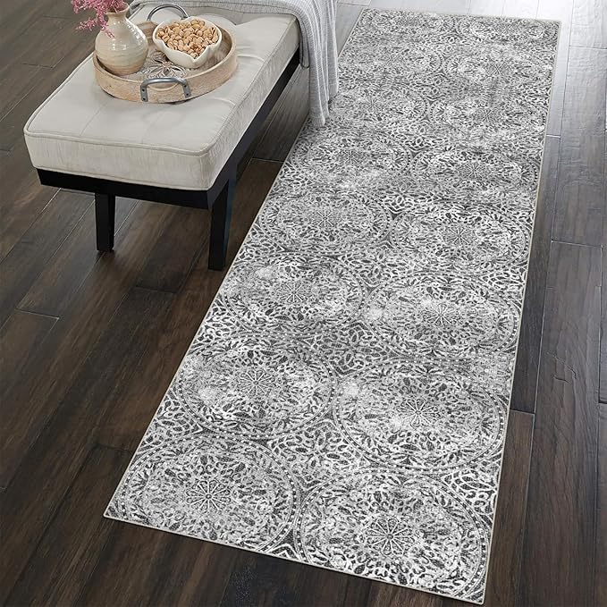 vivorug Grey Runner Rug 2x10 Machine Washable Rug with Non-Slip Backing, Ideal for Kitchen Hallway Entryway Laundry Room - Vintage, Durable, Easy Clean, Low Pile Carpet Runner