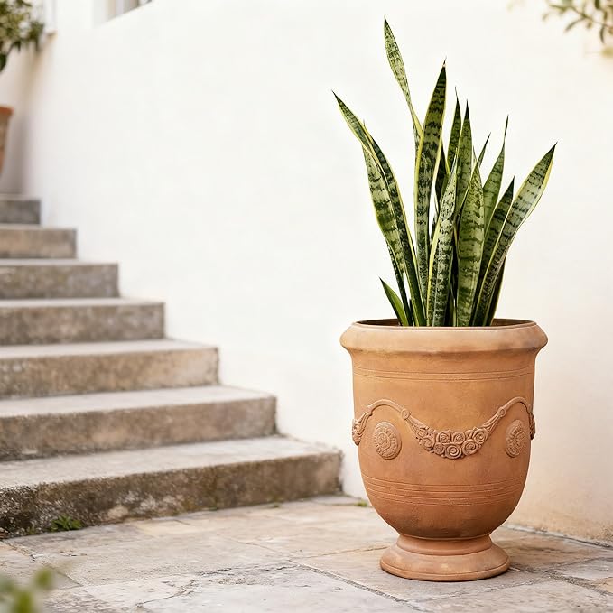 Large Urn Planter Magnesium Oxide Plant Pot with Cement Texture Concrete Urn Planters with Drainage Hole, 14" Dia x 17.5", Rusty