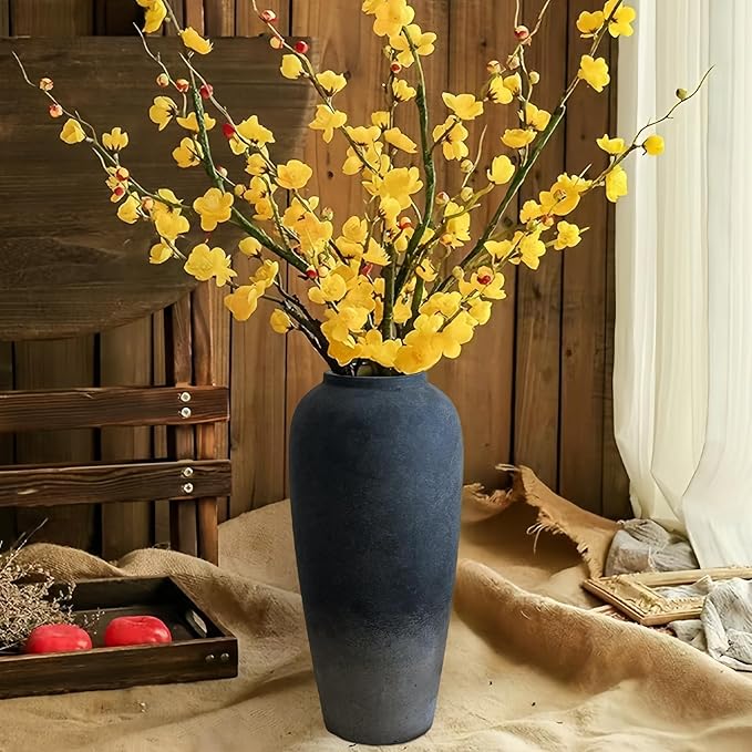 15 Inch Rustic Ceramic Vase, Black Flower Vase for Centerpieces, Farmhouse Decor for Living Room, Entryway & Kitchen, Vintage Pottery Vase for Wedding Gifts