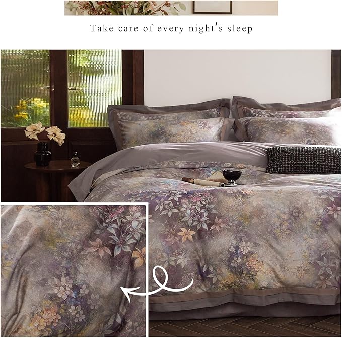 mixinni Vintage Floral Duvet Cover Set - King Size, 100% Long Staple Cotton Percale, Reversible Purple Floral Bedding Set with Zipper Closure, 3-Piece Luxury Duvet Cover with 2 Pillow Shams (20"x36")