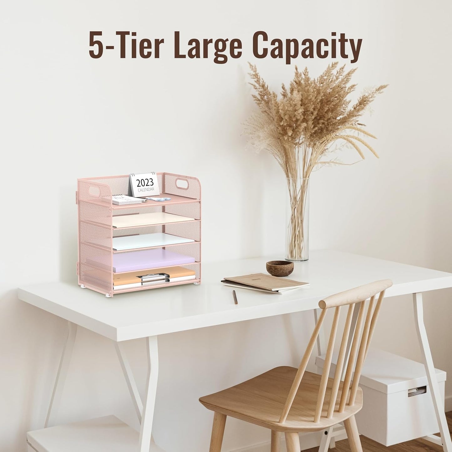 Supeasy Paper Organizer - 5-Tray Letter Tray with Handle | Mesh Desk File Holder in Pink