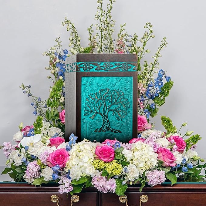 INTAJ Wooden Cremation Urns for Human Ashes - 115 lbs, Handcarved Tree of Life Design, Suitable for Men, Women, Mom, Dad - TSA Approved, Decorative Memorial Urn Box, Green