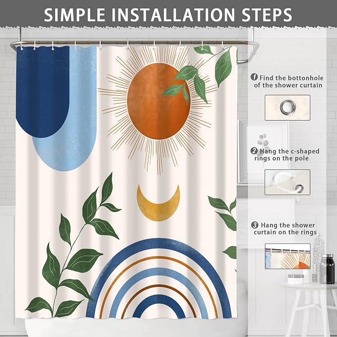 Mid Century Abstract Boho Aesthetic Shower Curtain Set, Blue Nature Leaf Sun Modern Minimalist Home Bathroom Curtain Decor with 12 Hooks 72 Inch Wide * 84 Inch High