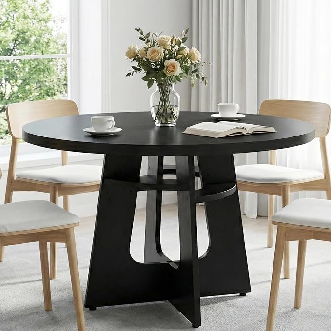 47" Round Dining Table for 4-6 Black, Farmhouse Wood Circle Dinner Table, Modern Wooden Circular Dinner Tables Easy Assembly for Dining Room/Kitchen/Living Room/Apartment (Table Only)