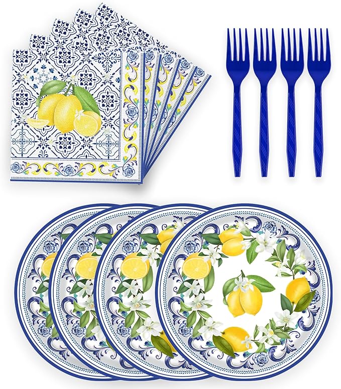 72 Pcs Lemon Paper Plates and Napkins Party Supplies , Blue Tiles Yellow Lemon Party Decorations Disposable Party Plates and Napkins Tableware Set for Birthday Wedding Baby Showe Serves 24 (Lemon)