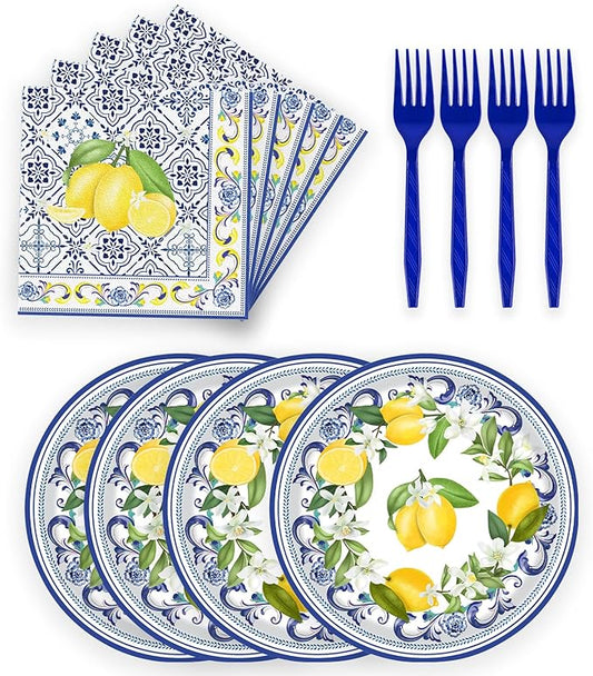 72 Pcs Lemon Paper Plates and Napkins Party Supplies , Blue Tiles Yellow Lemon Party Decorations Disposable Party Plates and Napkins Tableware Set for Birthday Wedding Baby Showe Serves 24 (Lemon)
