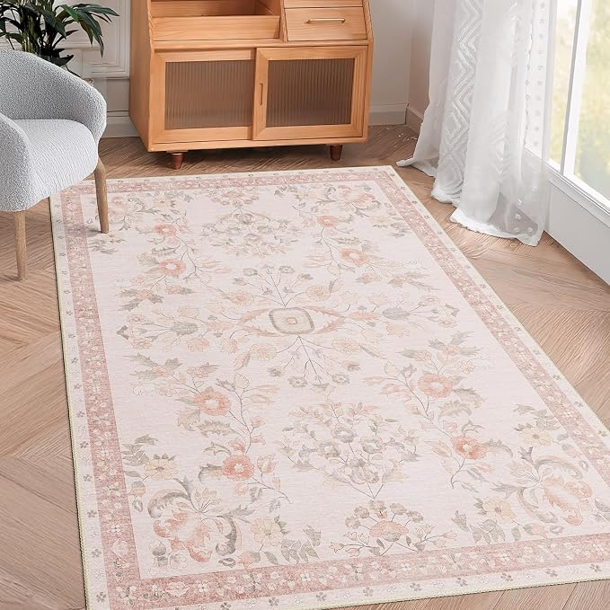 MUJOO 3x5 Rug Washable,Pink Floral Area Rugs for Bedroom Bedside Entryway Living Room Kitchen,Boho Small Indoor Floor Rug Non Slip Throw Carpet Low Pile Vintage