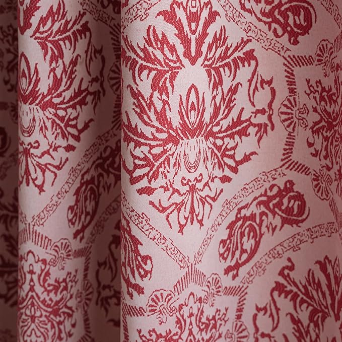 ENJOYBRIDAL Red Damask Curtains 84 Inches Living Room Bedroom Drapes 2 Panel Sets Vintage Semi Sheer Floor Length Window Curtains Dining Room Rod Pocket Jacquard Medallion Patterned Window Treatments