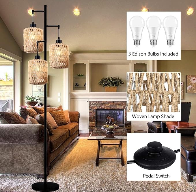 QIYIZM Floor Lamp for Living Room,Bedroom,3-Lights Boho Rattan Tree Floor Lights,Industrial Black Farmhouse Standing Lamp Wicker Rustic Tall Lamp,Woven Bamboo LampShade Floor Lamps Bohemian