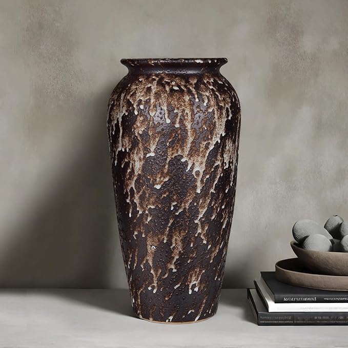 Ceramic Rustic Floor Vase, 12" Large Farmhouse Flower Vase for Home Decor, Vintage Vase Decor for Living Room Centerpieces,Office,Housewarming,Wedding