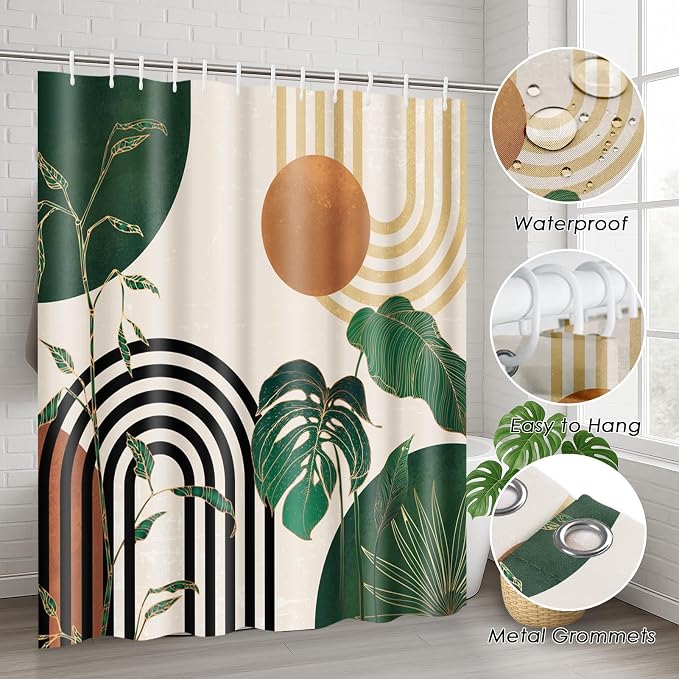 Green Boho Mid Century Shower Curtain Set with Toilet Lid Cover and Non-Slip Rugs, Abstract Retro Tropical 4 Pcs Modern Minimalist Vintage Shower Curtain for Bathroom Set with 12 Hooks