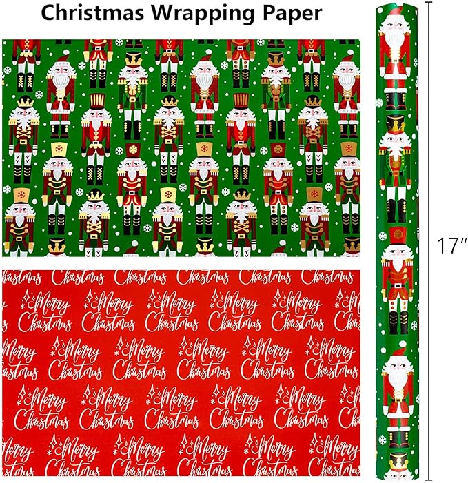 MAYPLUSS Christmas Nutcracker Wrapping Paper, Reversible Christmas Gift Wrapping Paper, Funky Cute Green Nutcracker Print Thick Gift Wrap Metallic Foil Paper for Holiday (Mini Roll, 17 Inch X 33 Feet)