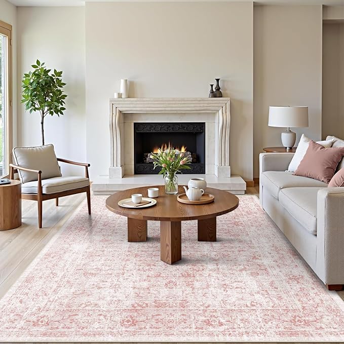 4x6 Rug, Small Area Rug for Living Room, Bedroom, Kitchen, Machine Washable Non-Slip Throw Rug, Vintage Distressed Floral Carpet for Entryway Nursery Dinner Room - Durable (Pink)