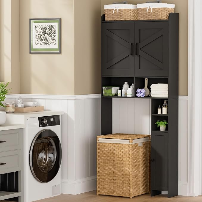 Homhedy Over The Toilet Storage Cabinet with 2 Barn Door and Toilet Paper Holder Stand, FreeStanding Toilet Shelf Space Saver, for Bathroom, Restroom, Laundry, Black