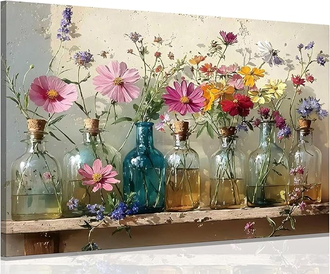1Pcs Framed Retro Farmhouse Flowers Canvas wall art Colorful wildflowers Posters Prints Colored glass bottles Artwork Pictures Printing Wall Decor for Living Room Bedroom Bathroom Home Decoration