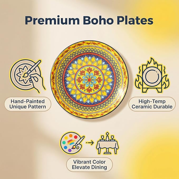 glowworm Dinner Plates, 10.5 Inch Ceramic Plates Set of 6 for Steak, Snacks, Pizza, Cake, Colorful Serving Dishes for Kitchen Decor Gift, Microwave Dishwasher Safe, Bohemian