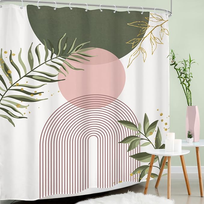Pink Green Boho Shower Curtain 72Wx84H Extra Long Bohemian Mid Century Modern Abstract Sage Green Gold Leaves Plant Minimalist Bathroom Decor Arch Bath Curtain Fabric Polyester 12 Pack Hooks
