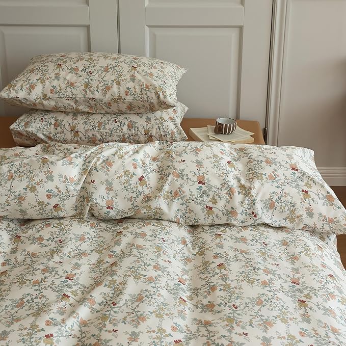 EAVD Vintage Style Botanical Floral Duvet Cover Full Soft Cotton Chic Floral Tree Branches Pattern Bedding Set with 2 Pillowcases Fresh Botanical Duuvet Covet with Zipper Closure