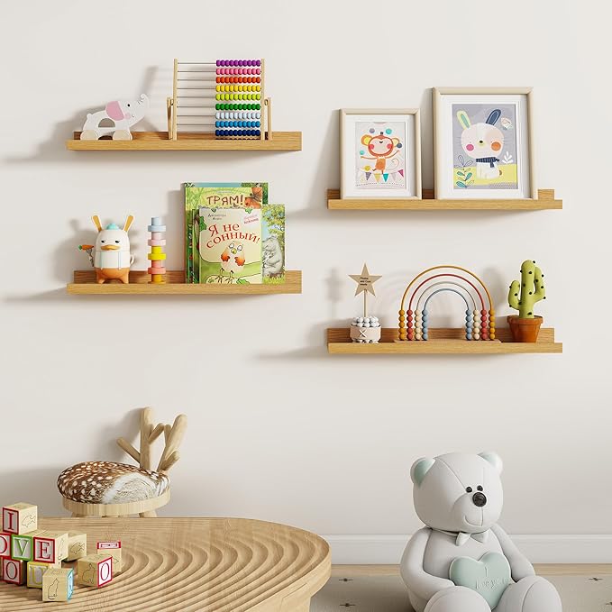 Dreamland Picture Ledge Shelf for Wall, Floating Shelves Set of 2, 24 Inch Long Floating Shelves with Lip for Living Room, Bedroom, Bathroom, Kitchen, Oak