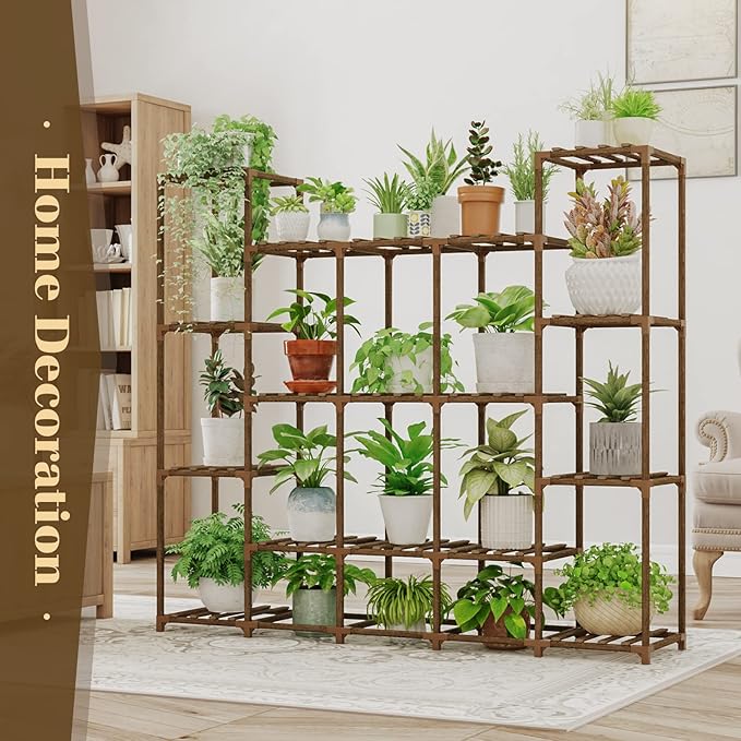 Bamworld Large Plant Shelf Indoor Plant Shelf Outdoor Tall Wood Plant Holder for Living Room Multiple Plants Patio Balcony Garden 17 Pots
