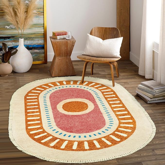 Lukinbox Sun Kids Rugs for Bedroom, 4x6 Boho Oval Washabl Area Rugs, Super Soft Non-Slip Colorful Circular Rainbow Rug for Kids Room Playroom Nursery Room Dinning Room Living Room