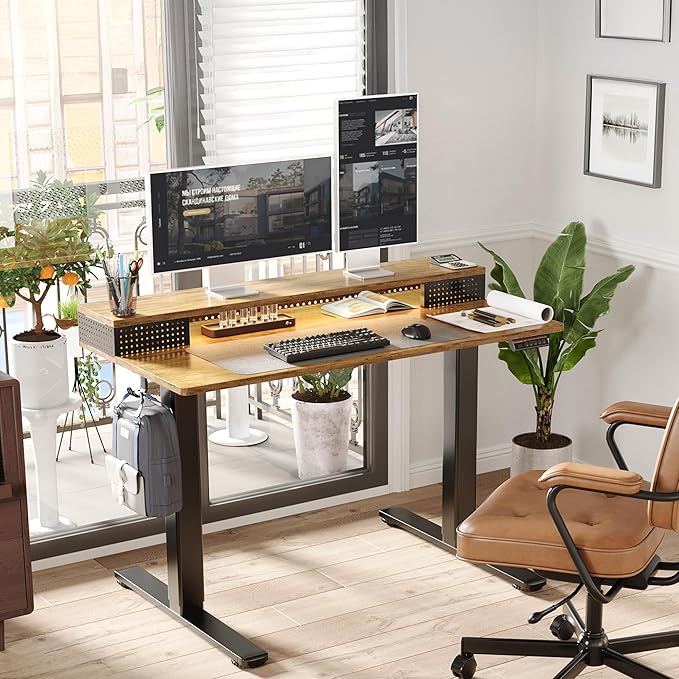 Claiks Electric Standing Desk with Shelf, 48 Inch Height Adjustable Standing Desk with LED Lights & Monitor Stand, Black Frame/Rustic Brown Top