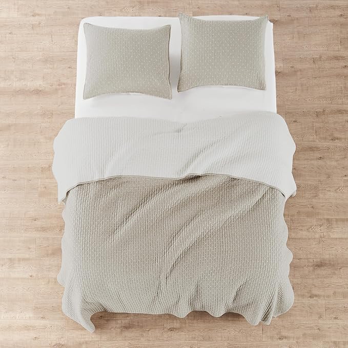 Levtex Home Cross Stitch Reversible Full Bedspread Set (100x104in) with 2 Pillow Shams (26x20in) - Stitch Texture - Taupe - 100% Cotton Full Size Bedspread Set - Lightweight, Soft, Pre-Washed