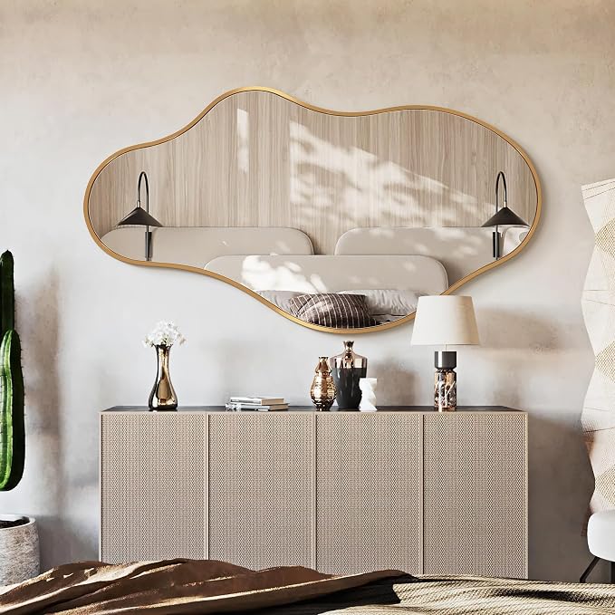 Dorlicecass Bathroom Mirrors for Over Sink - Long Wall Mirrors Decorative 20"x 36" Asymmetrical Abstract Aviation Aluminum Alloy Frame Unique for Bedroom, Living Room, Cloakroom, Entryway Gold